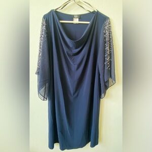 MSK Navy Draped Cowl Dress with Beaded Sheer Sleeves 2x